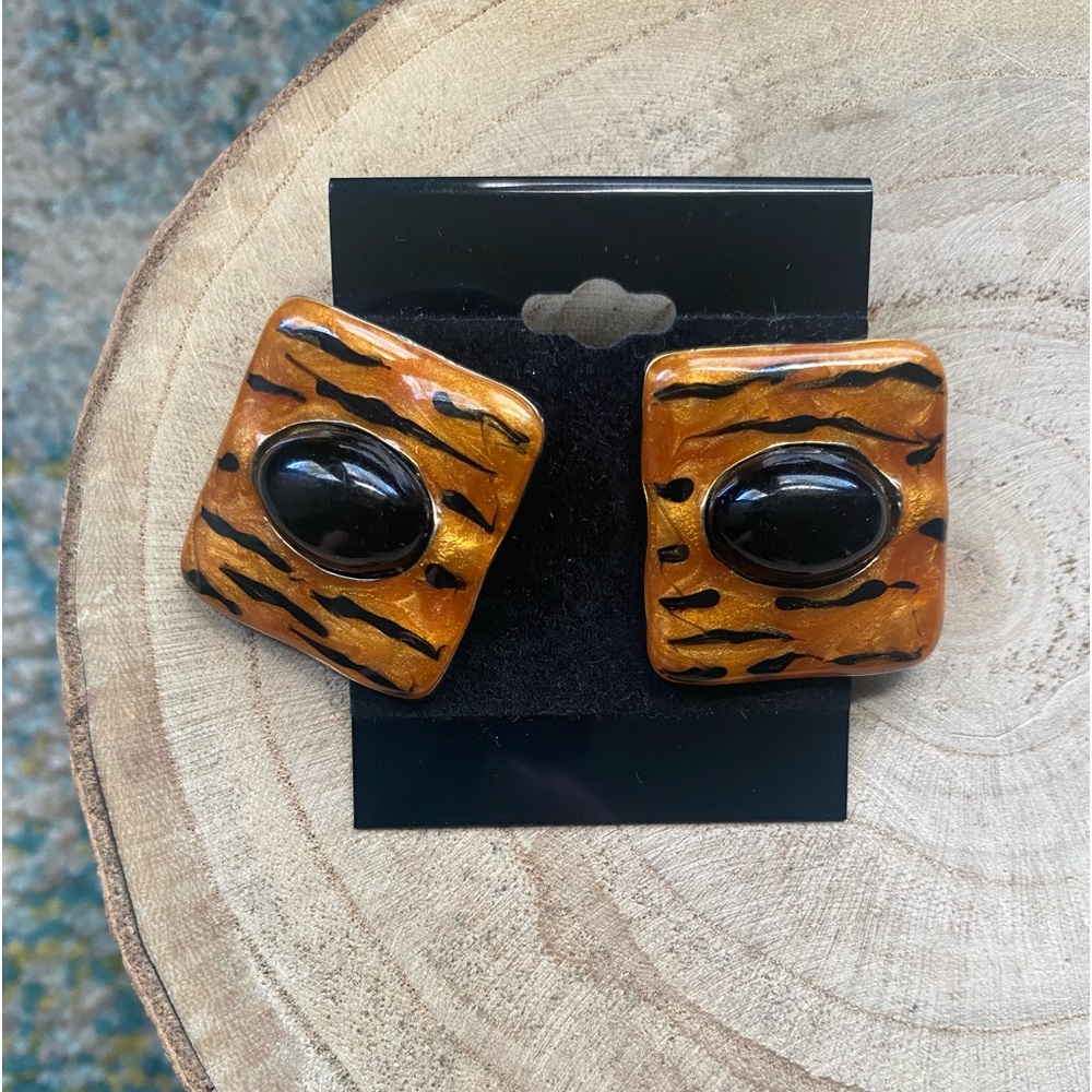 Vintage 80/90s M. Jent enamel animal print square pierced lobe earrings